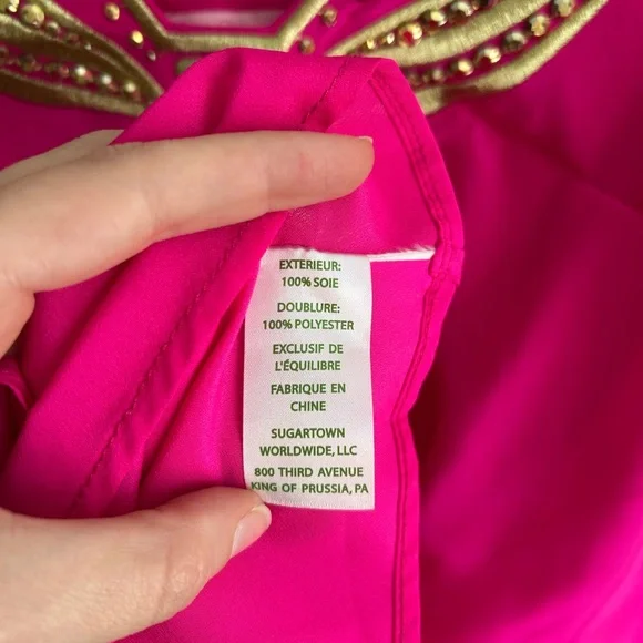Lilly Pulitzer Owen Silk Trapeze Tunic Dress Hot Pink Gold Beaded Embroidery M - Picture 9 of 9
